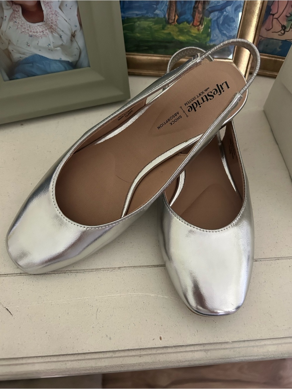 Life stride sling back silver pumps